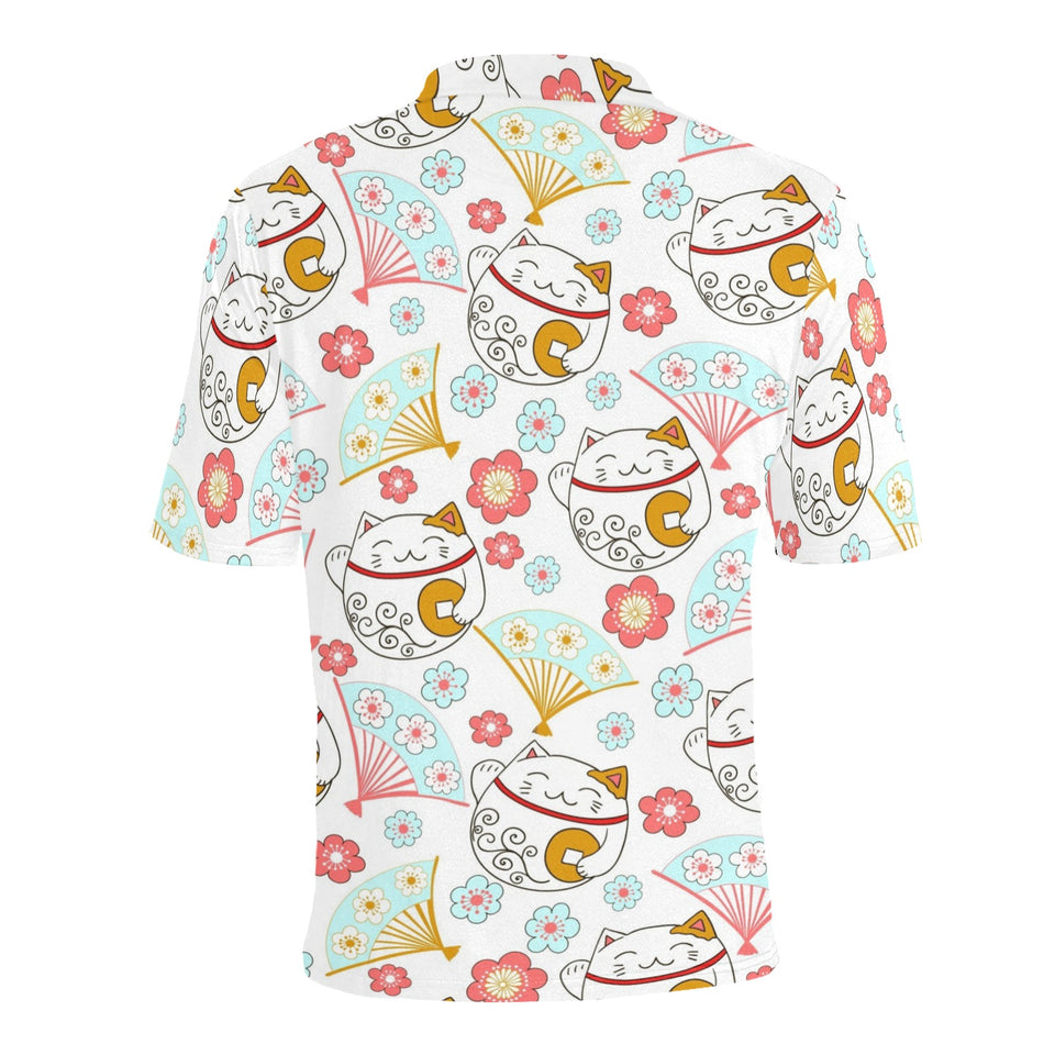 Maneki neko cat fan sakura Men's All Over Print Polo Shirt