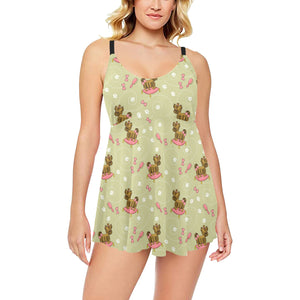Yorkshire Terrier Pattern Print Design 01 Chest Sexy Pleated Two Piece Swim Dress