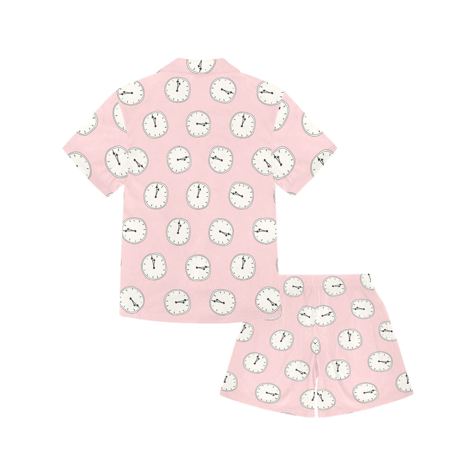 Clock pattern pink blackground Kids' Boys' Girls' V-Neck Short Pajama Set