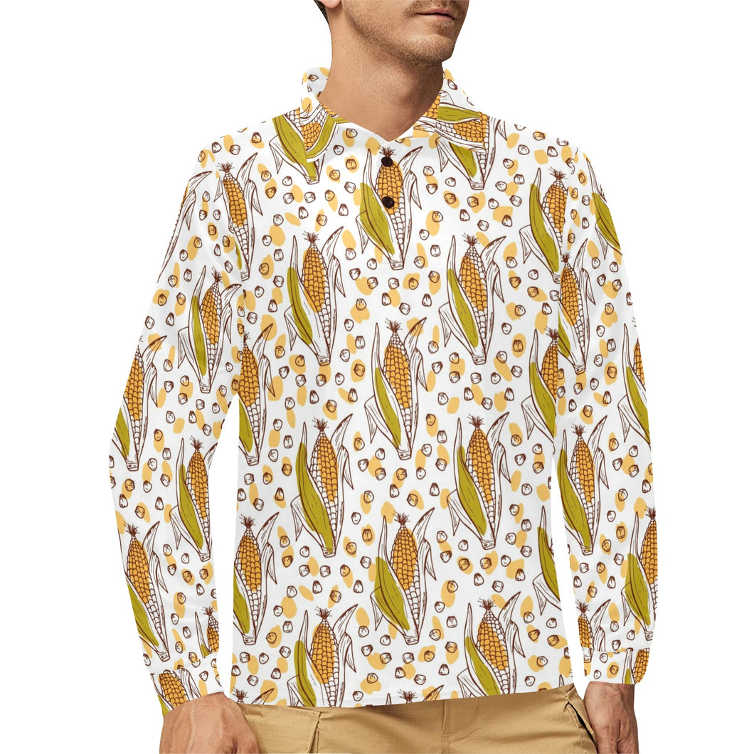 Corn Pattern Print Design 02 Men's Long Sleeve Polo Shirt