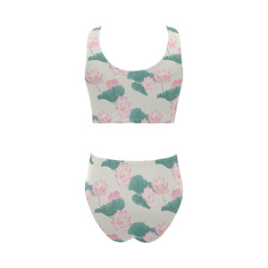 Pink lotus waterlily leaves pattern Chest Bowknot High Waisted Bikini Swimsuit