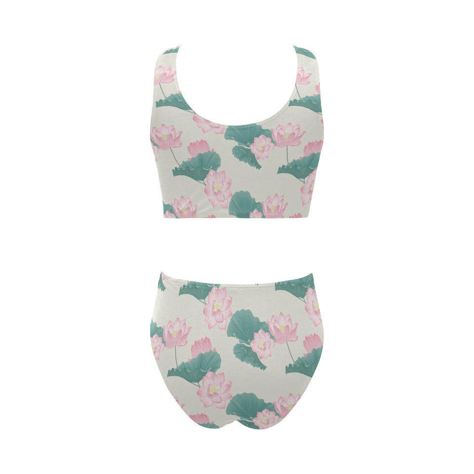 Pink lotus waterlily leaves pattern Chest Bowknot High Waisted Bikini Swimsuit
