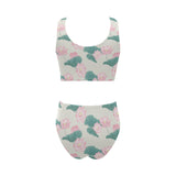Pink lotus waterlily leaves pattern Chest Bowknot High Waisted Bikini Swimsuit
