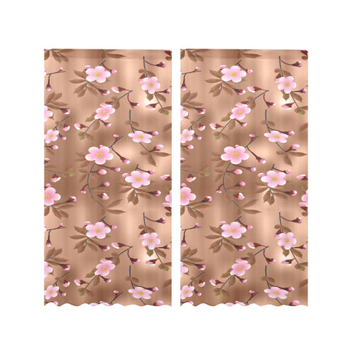Pink sakura cherry blossom drak brown background Gauze Curtain