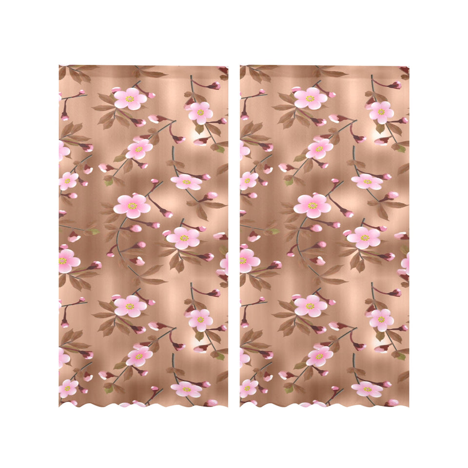 Pink sakura cherry blossom drak brown background Gauze Curtain