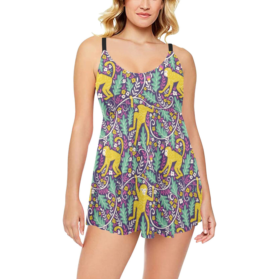 Cute yellow monkey leaves pattern Chest Sexy Pleated Two Piece Swim Dress