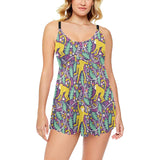 Cute yellow monkey leaves pattern Chest Sexy Pleated Two Piece Swim Dress