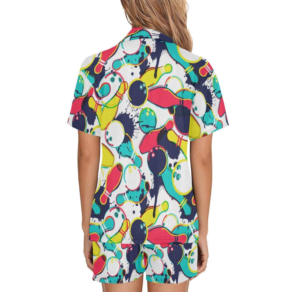 watercolor bowling ball pins Women's V-Neck Short Pajama Set