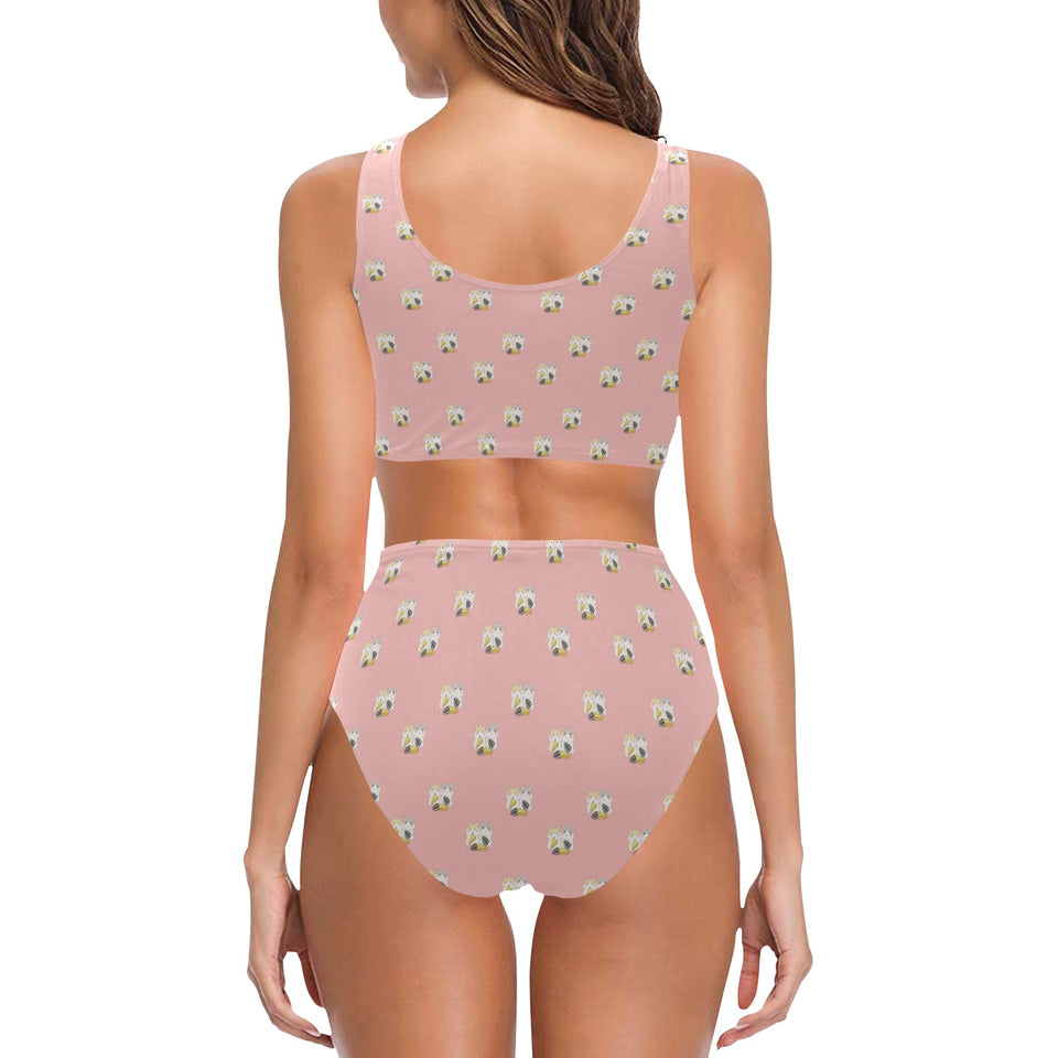 Cute hamster cheese pattern pink background Chest Bowknot High Waisted Bikini Swimsuit