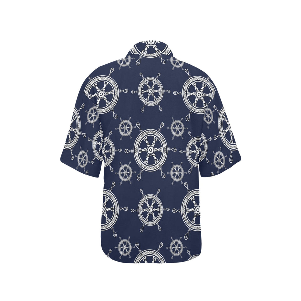 nautical steering wheel design pattern Women's All Over Print Hawaiian Shirt