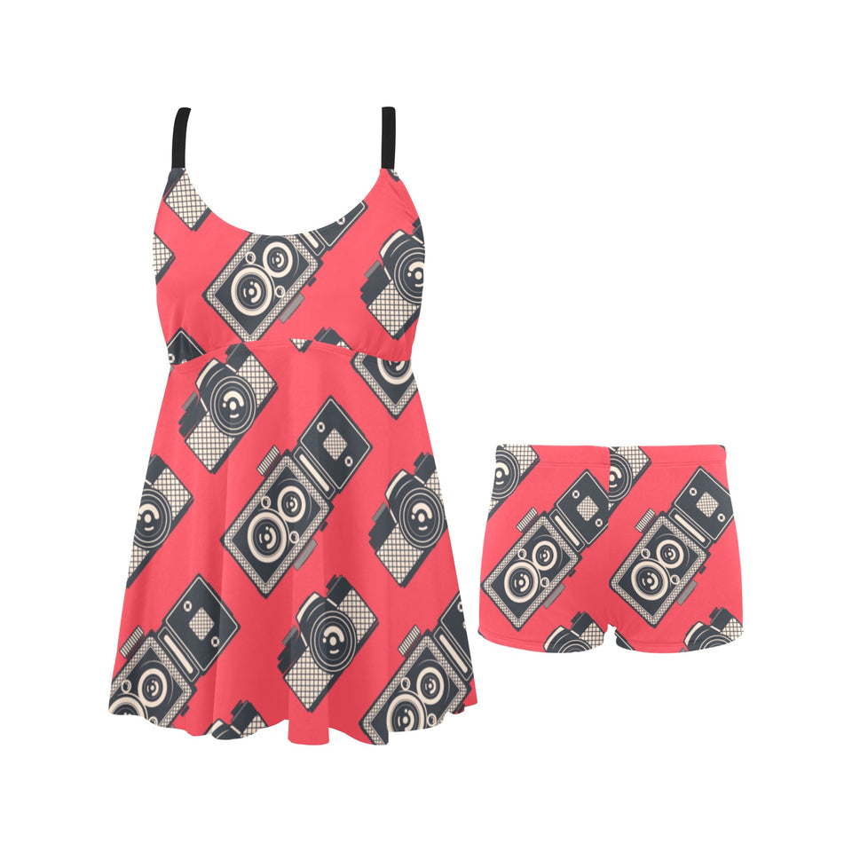 Camera Pattern Print Design 05 Chest Sexy Pleated Two Piece Swim Dress
