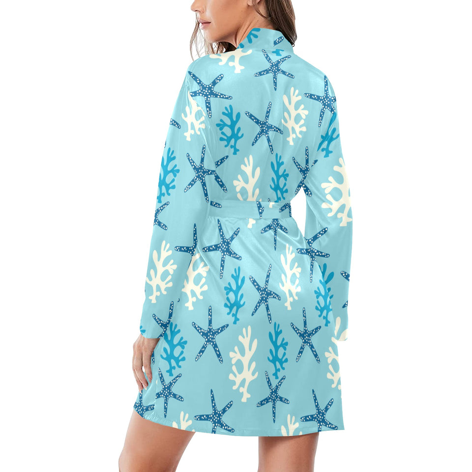 Blue starfish coral reef pattern Women's Long Sleeve Belted Night Robe