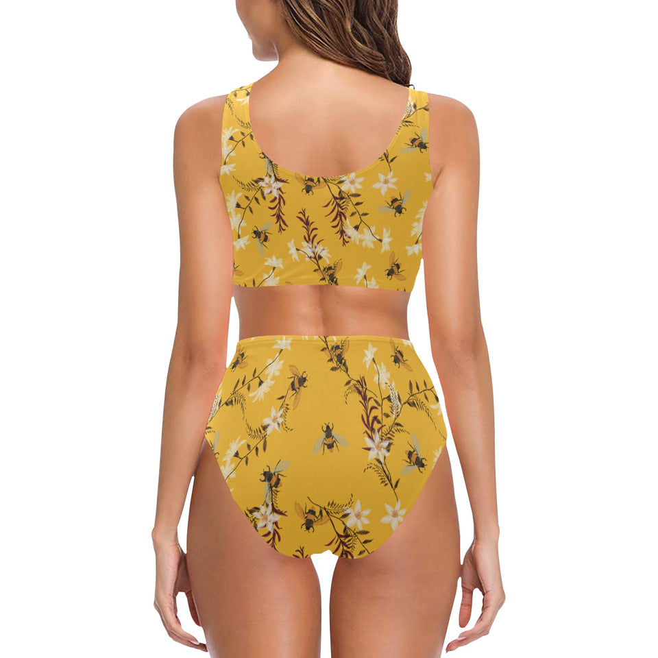 Bee flower pattern Chest Bowknot High Waisted Bikini Swimsuit