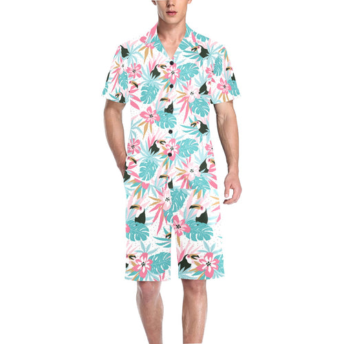 Toucan tropical flower leave pattern Men's V-Neck Short Pajama Set