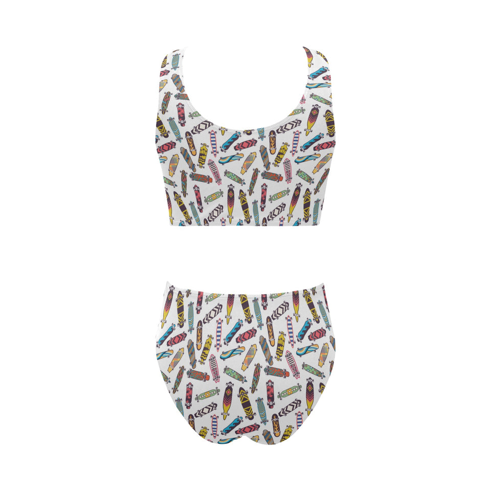 Skate Board Pattern Print Design 05 Chest Bowknot High Waisted Bikini Swimsuit
