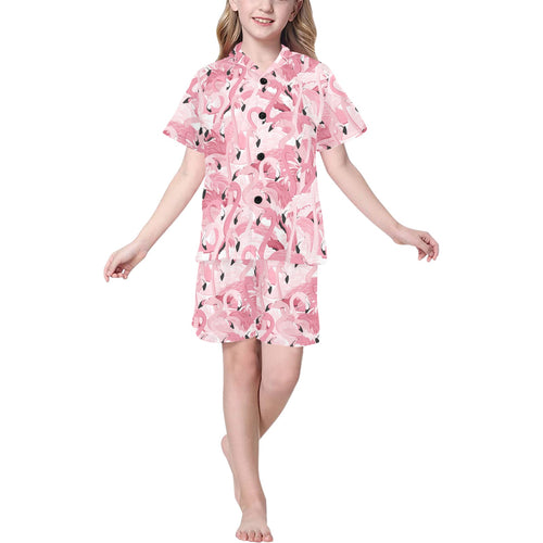 Pink flamingos pattern background Kids' Boys' Girls' V-Neck Short Pajama Set