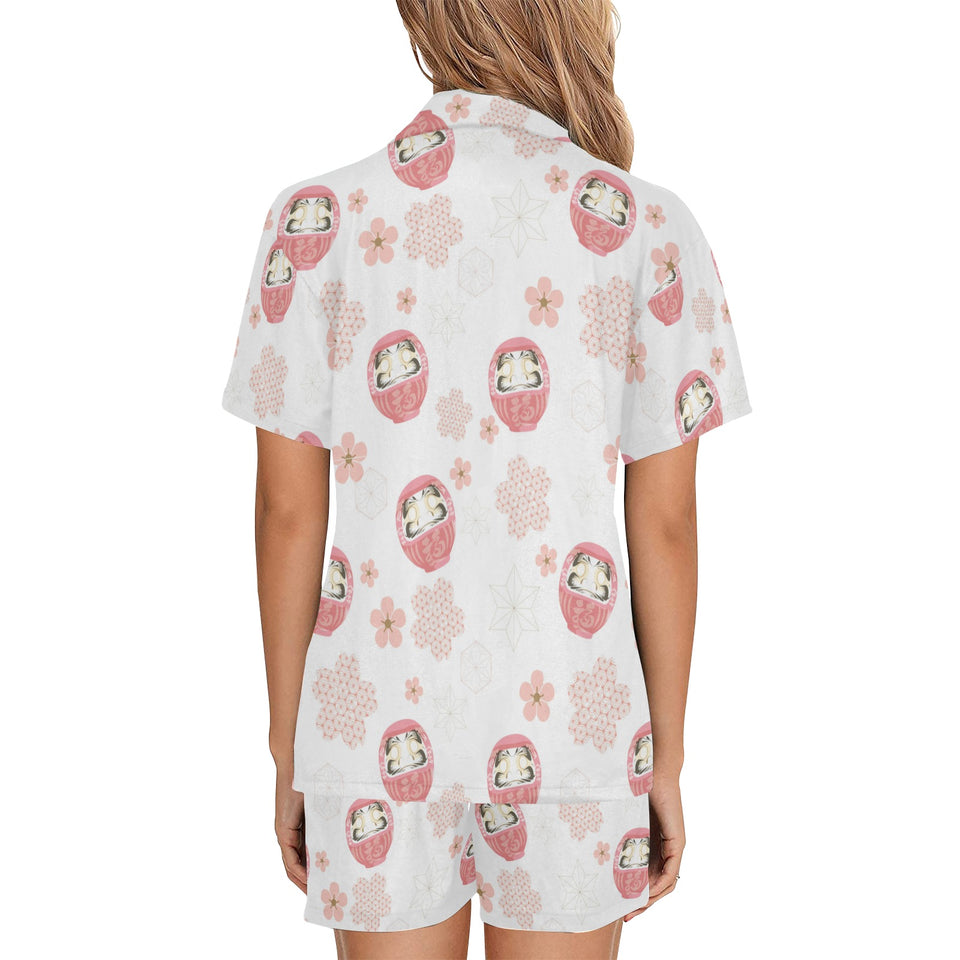 Daruma japanese wooden doll cherry blossom flower Women's V-Neck Short Pajama Set