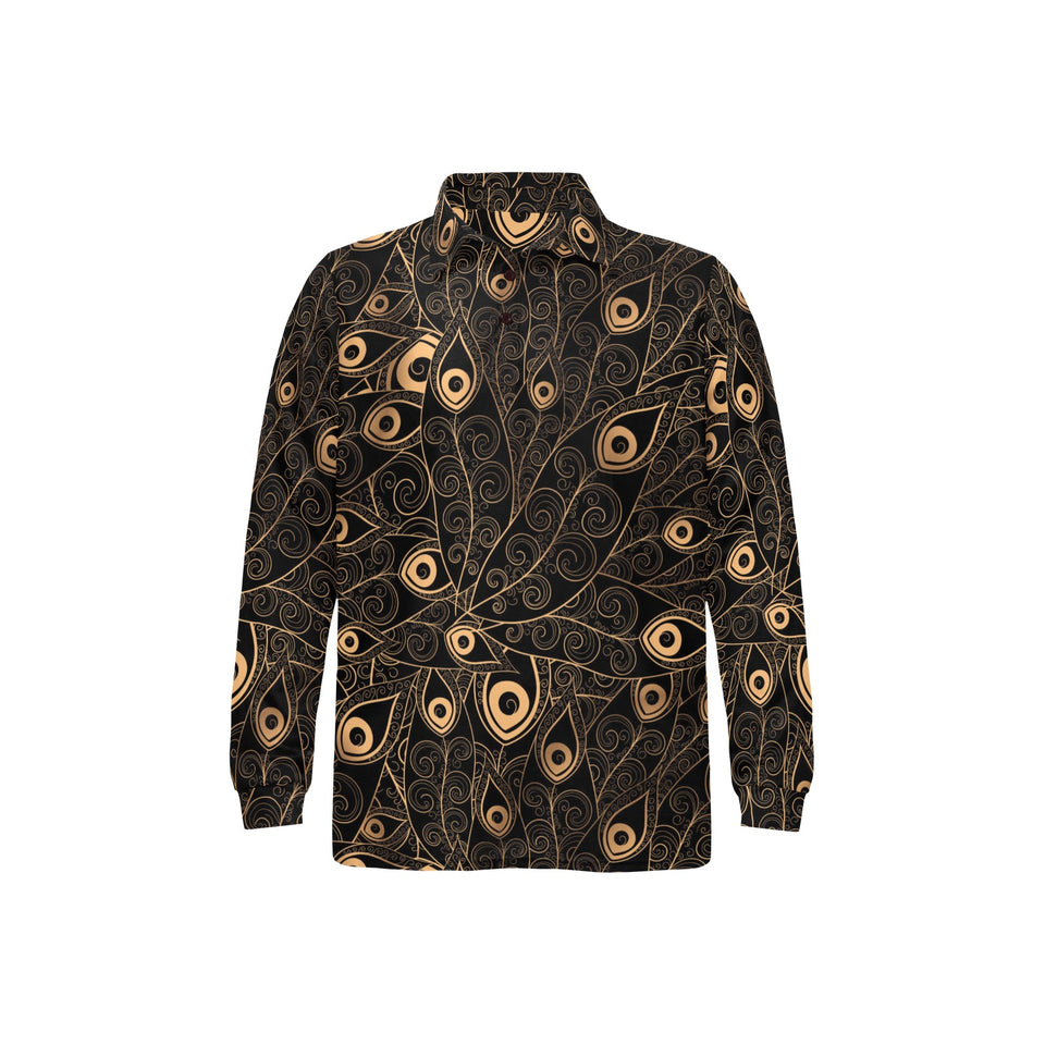 Gold peacock feather pattern Men's Long Sleeve Polo Shirt