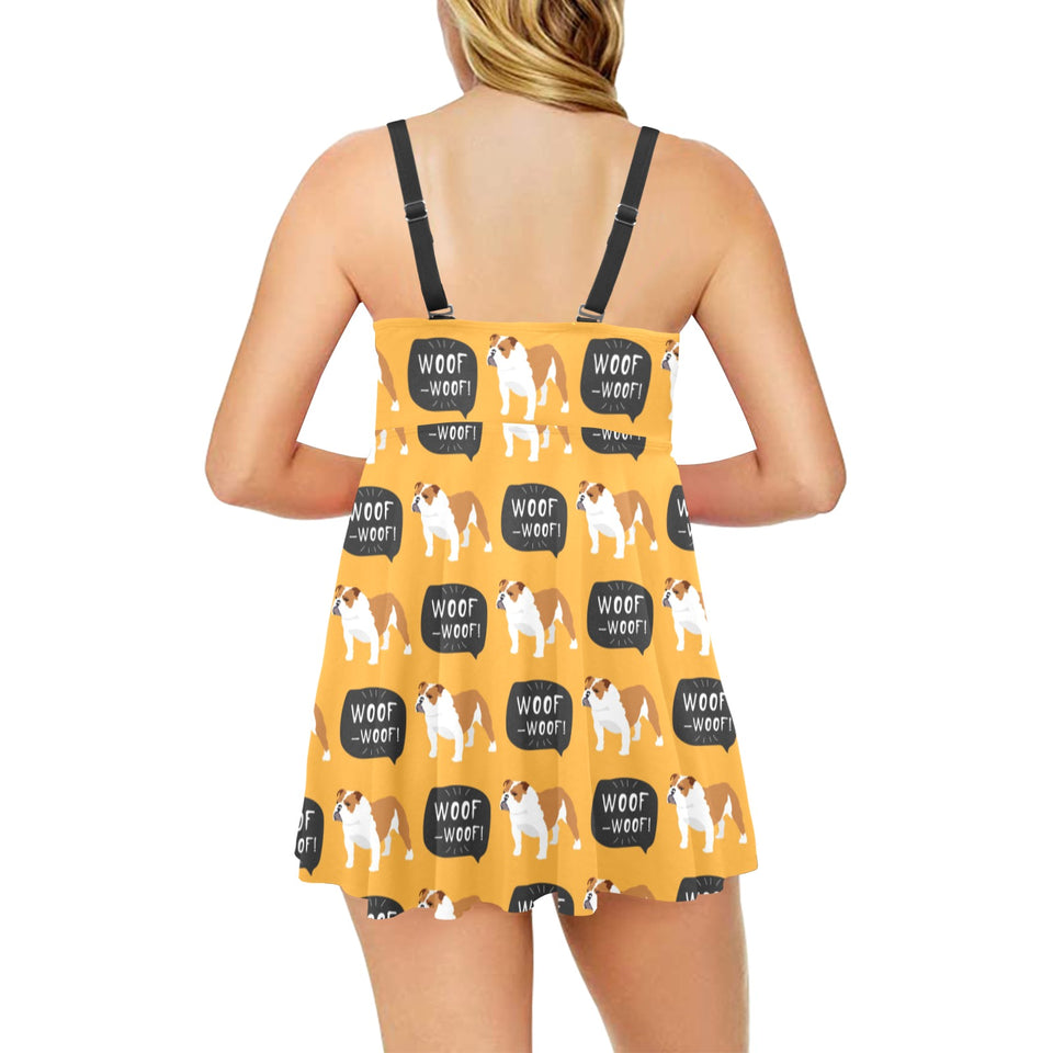 English Bulldog Pattern Print Design 04 Chest Sexy Pleated Two Piece Swim Dress