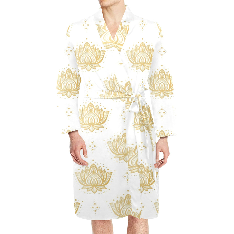 Gold Ornamental lotue waterlily symbol pattern Men's Long Sleeve Belted Night Robe