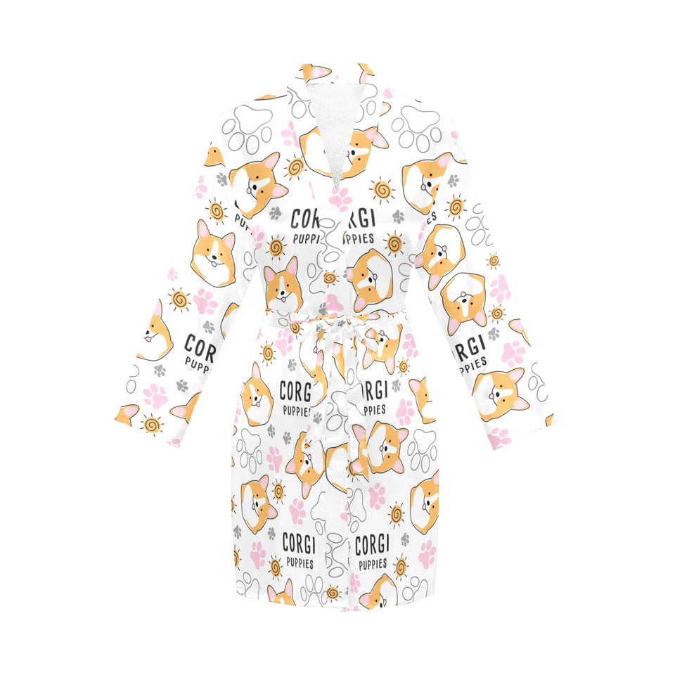 Corgi Dog Pattern Women's Long Sleeve Belted Night Robe