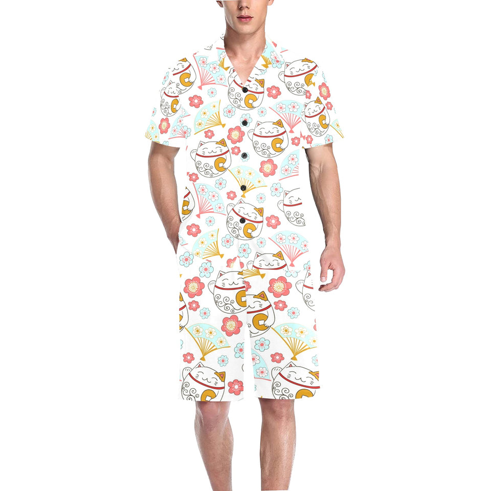 Maneki neko cat fan sakura Men's V-Neck Short Pajama Set