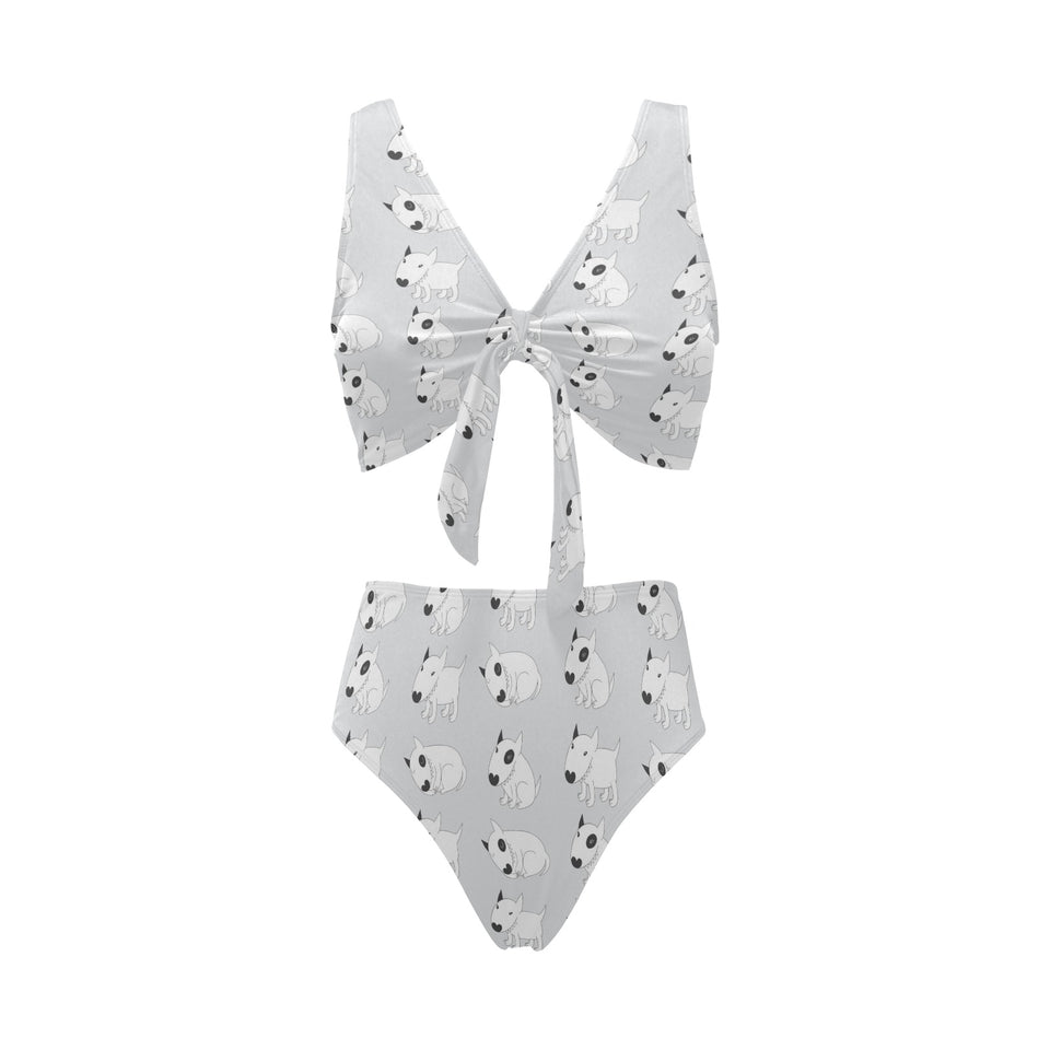Bull Terrier Pattern Print Design 01 Chest Bowknot High Waisted Bikini Swimsuit