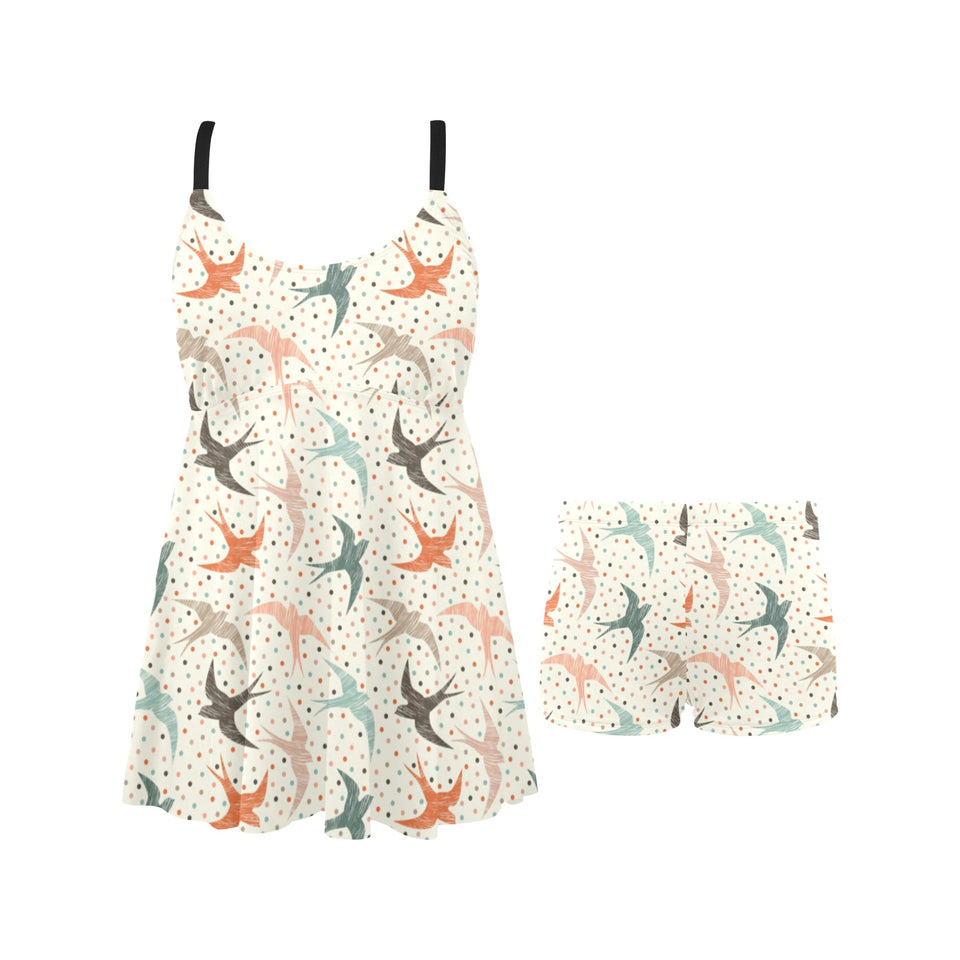 Swallow Pattern Print Design 02 Chest Sexy Pleated Two Piece Swim Dress
