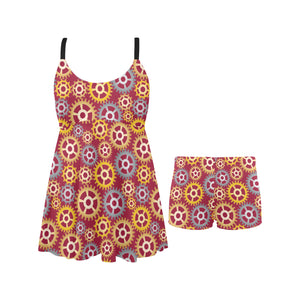 Gear Pattern Print Design 04 Chest Sexy Pleated Two Piece Swim Dress