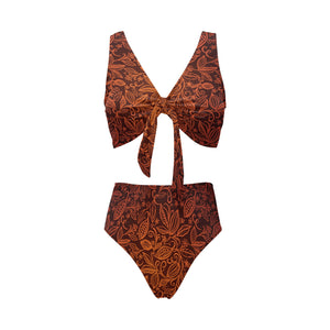 cacao beans tribal polynesian pattern Chest Bowknot High Waisted Bikini Swimsuit