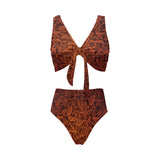 cacao beans tribal polynesian pattern Chest Bowknot High Waisted Bikini Swimsuit