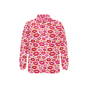 Lips Pattern Print Design 01 Men's Long Sleeve Polo Shirt