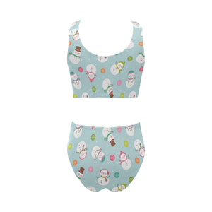 Cute snowman snowflake pattern Chest Bowknot High Waisted Bikini Swimsuit