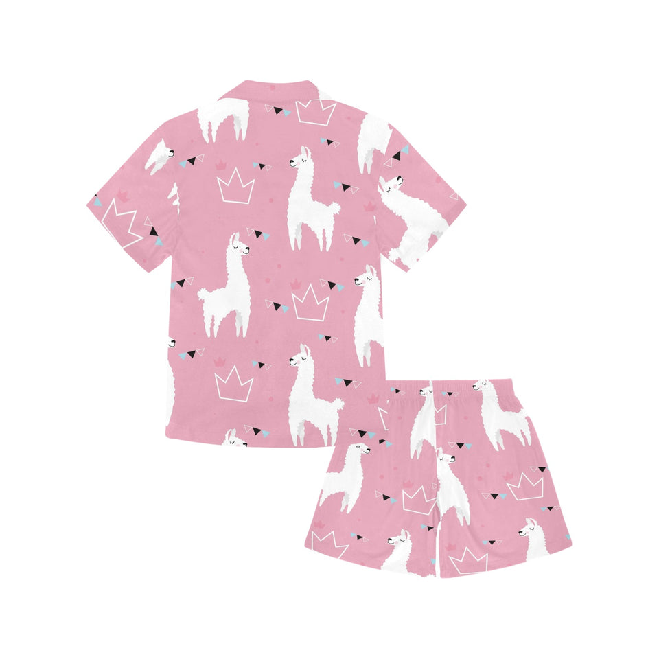 Llama Alpaca pink background Kids' Boys' Girls' V-Neck Short Pajama Set