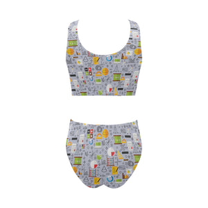 Math Pattern Print Design 04 Chest Bowknot High Waisted Bikini Swimsuit