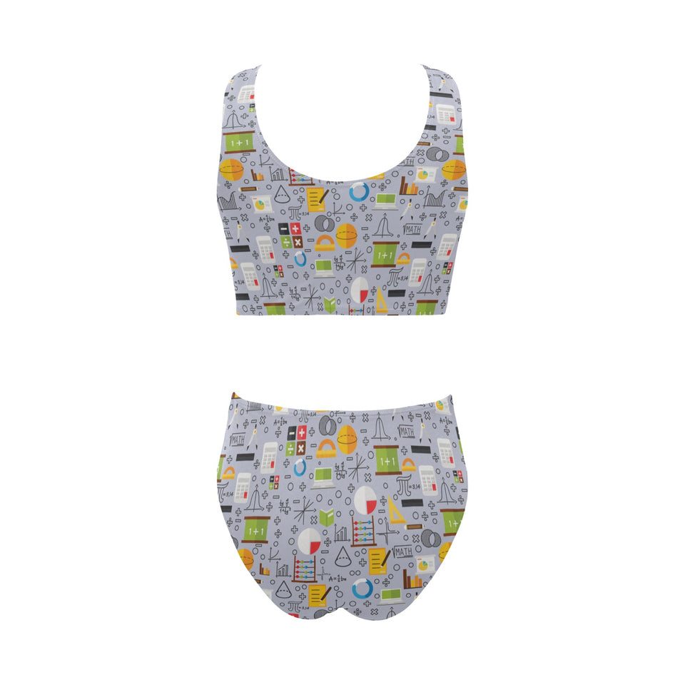 Math Pattern Print Design 04 Chest Bowknot High Waisted Bikini Swimsuit