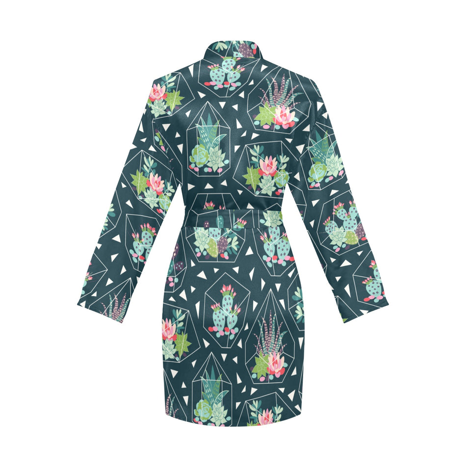 Cactus glass terrarium pattern Women's Long Sleeve Belted Night Robe