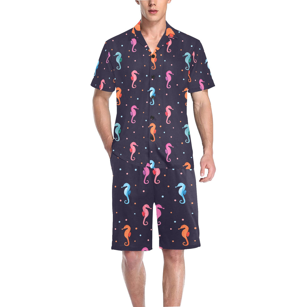 Watercolor colorful seahorse pattern Men's V-Neck Short Pajama Set