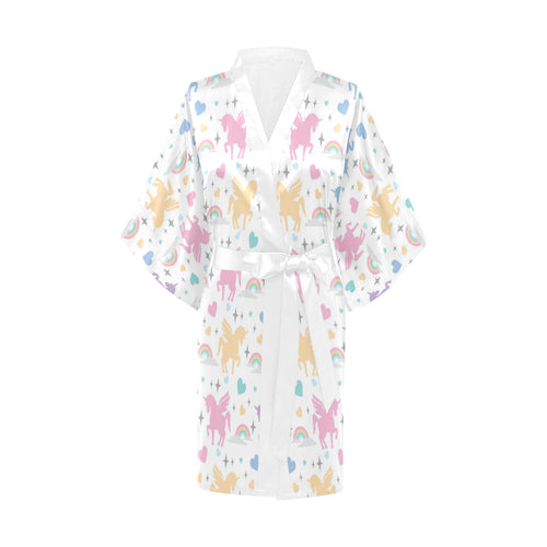 colorful unicorn rainbow heart pattern Women's Short Kimono Robe