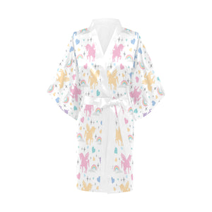 colorful unicorn rainbow heart pattern Women's Short Kimono Robe