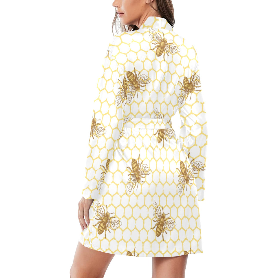 Bee honeycomb seamless design pattern Women's Long Sleeve Belted Night Robe