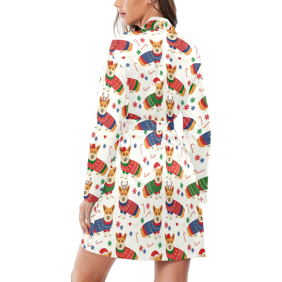 Corgi Christmas Pattern Women's Long Sleeve Belted Night Robe