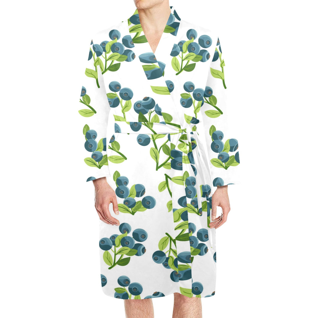 blueberry white background Men's Long Sleeve Belted Night Robe