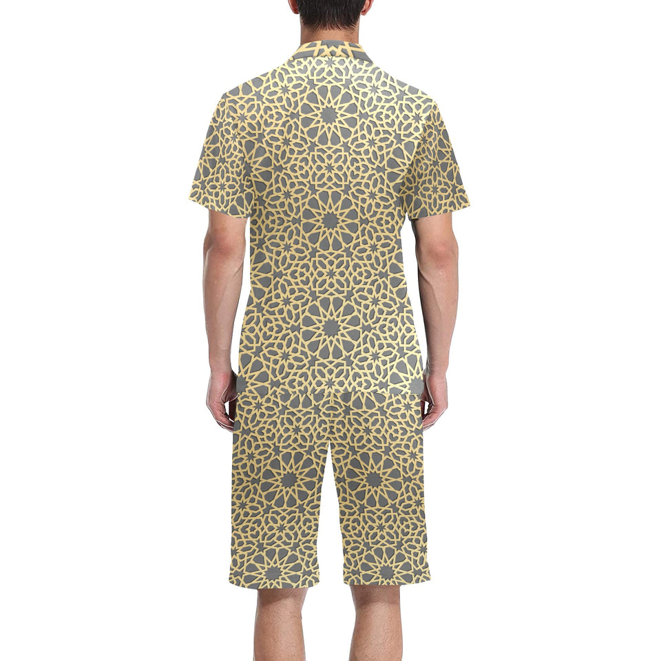 arabic star gold pattern Men's V-Neck Short Pajama Set