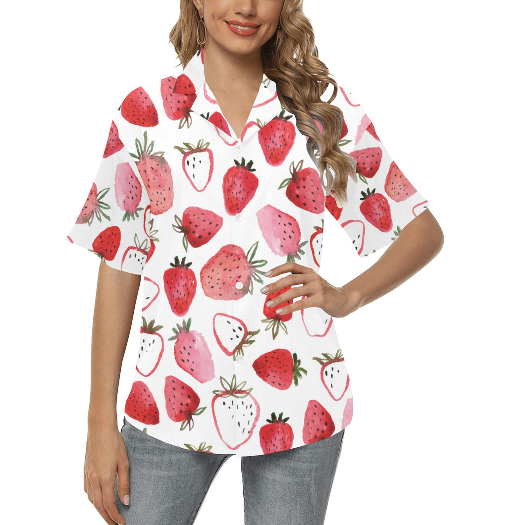 watercolor hand drawn beautiful strawberry pattern Women's All Over Print Hawaiian Shirt