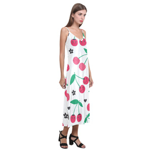 cherry pattern white background V-Neck Open Fork Long Dress