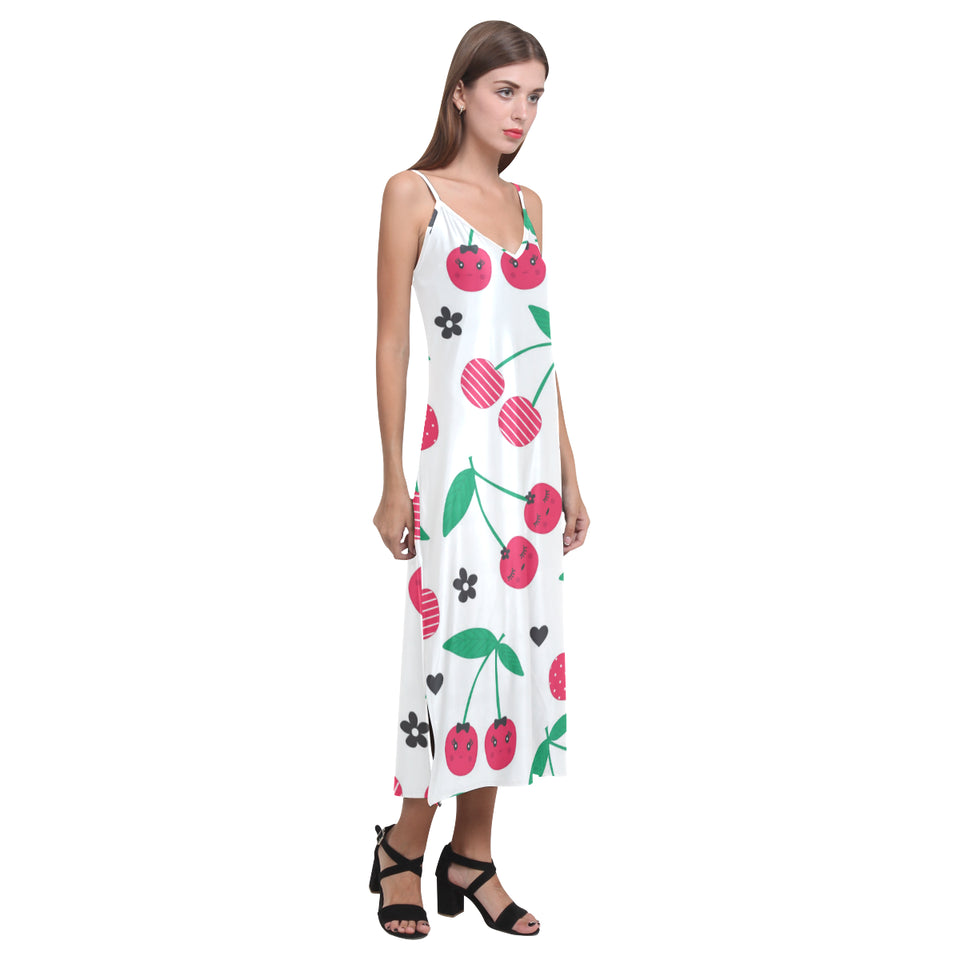 cherry pattern white background V-Neck Open Fork Long Dress