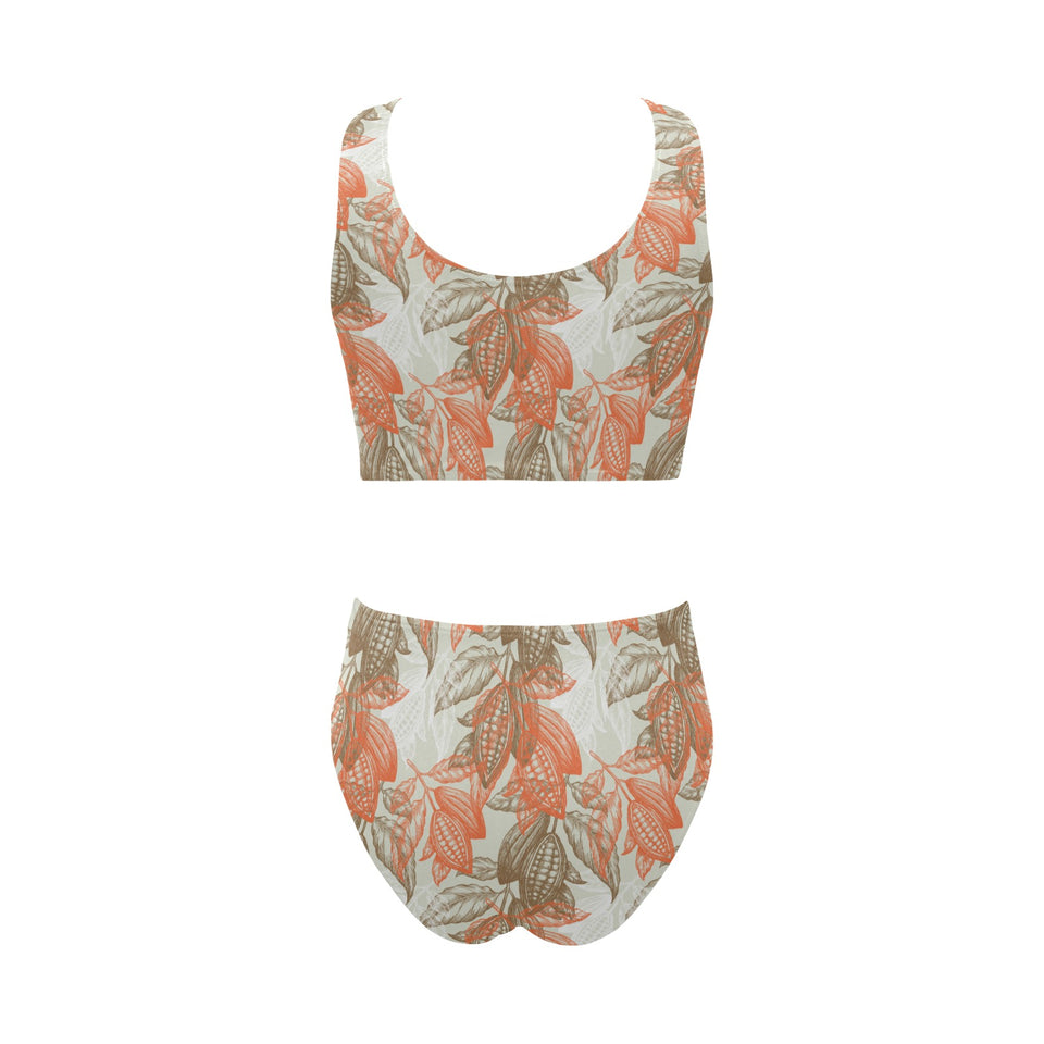 Cocoa beans Cocoa tree pattern Chest Bowknot High Waisted Bikini Swimsuit