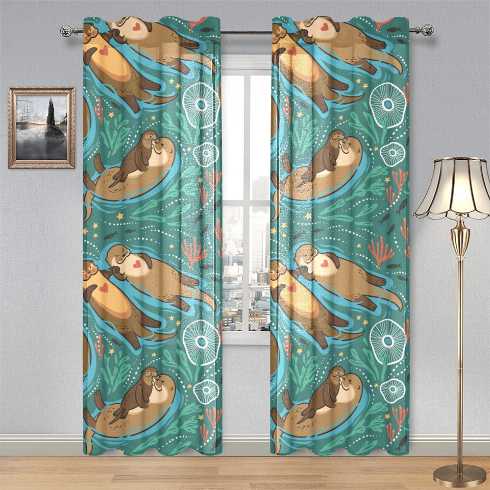 cute brown sea otters ornamental seaweed corals gr Gauze Curtain