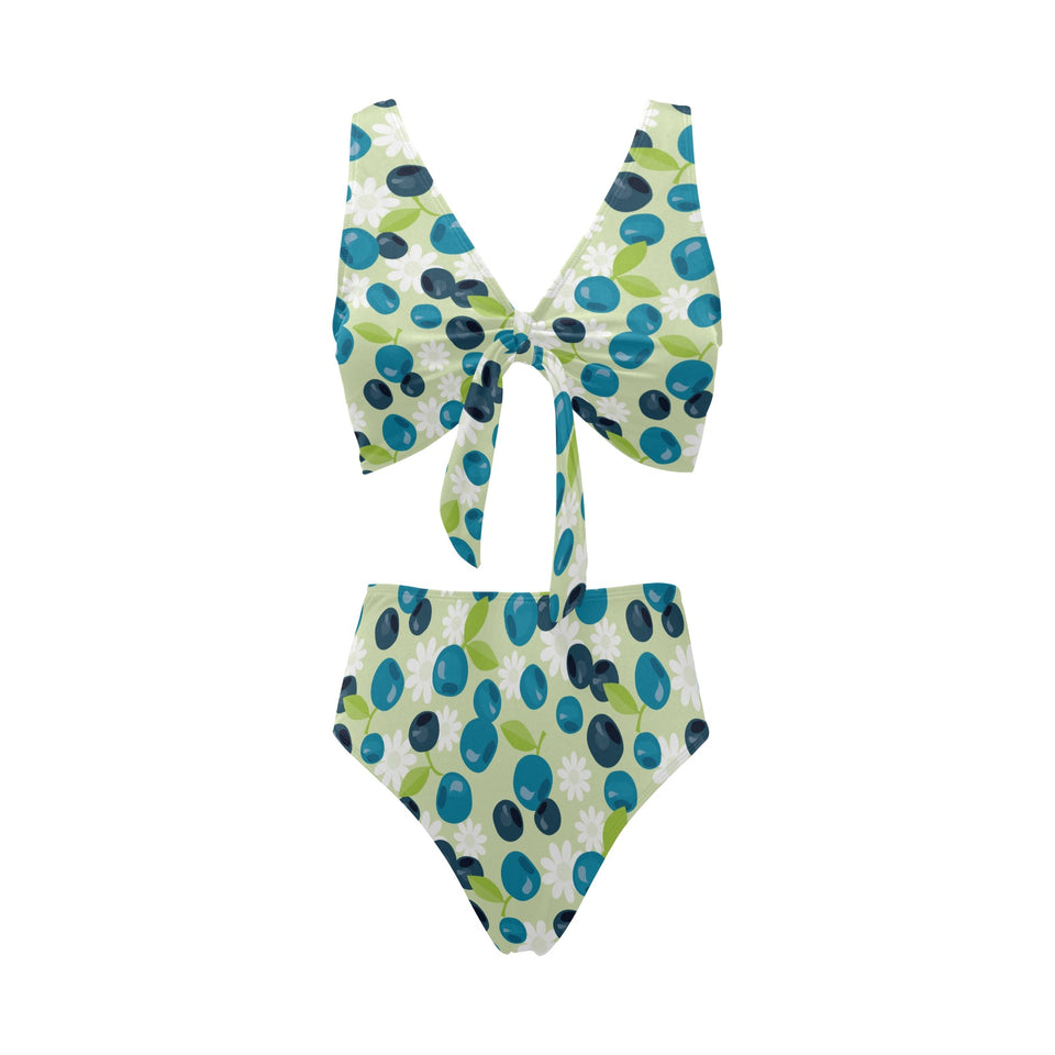 blueberry flower pattern Chest Bowknot High Waisted Bikini Swimsuit